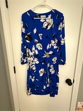 Calvin Klein Royal Blue Floral Wrap-Style Long Sleeve Dress